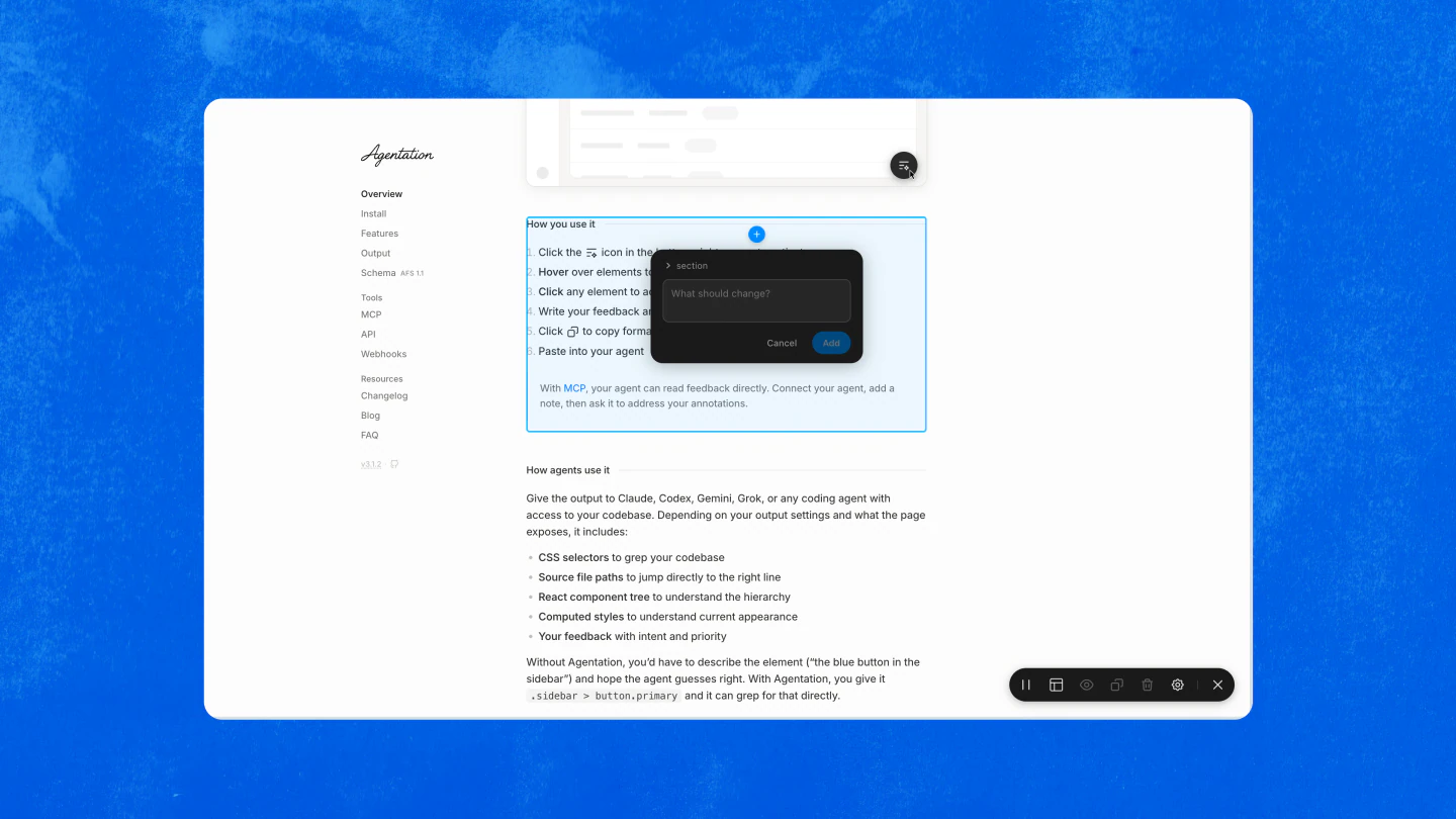 Agentation documentation page showing its annotation and feedback-to-agent workflow