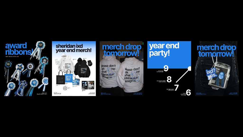 Grid of event branding posts for award ribbons, merch drop, and year end party