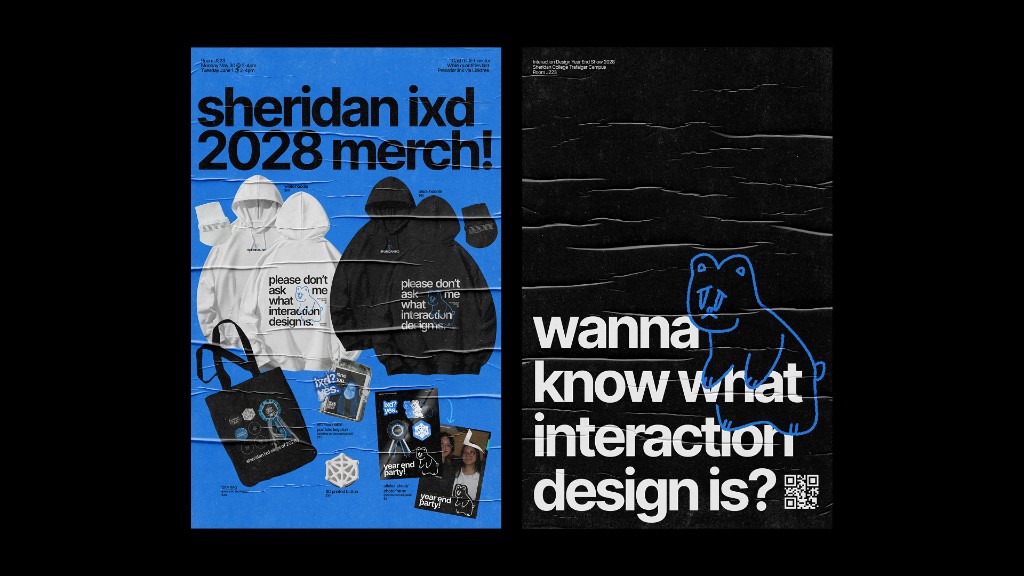 Two wheatpaste-style posters for Sheridan IXD 2028 merch and year-end show
