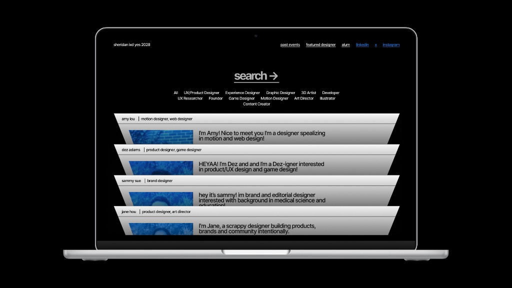Laptop mockup of Sheridan IXD yes 2028 grad designer directory website