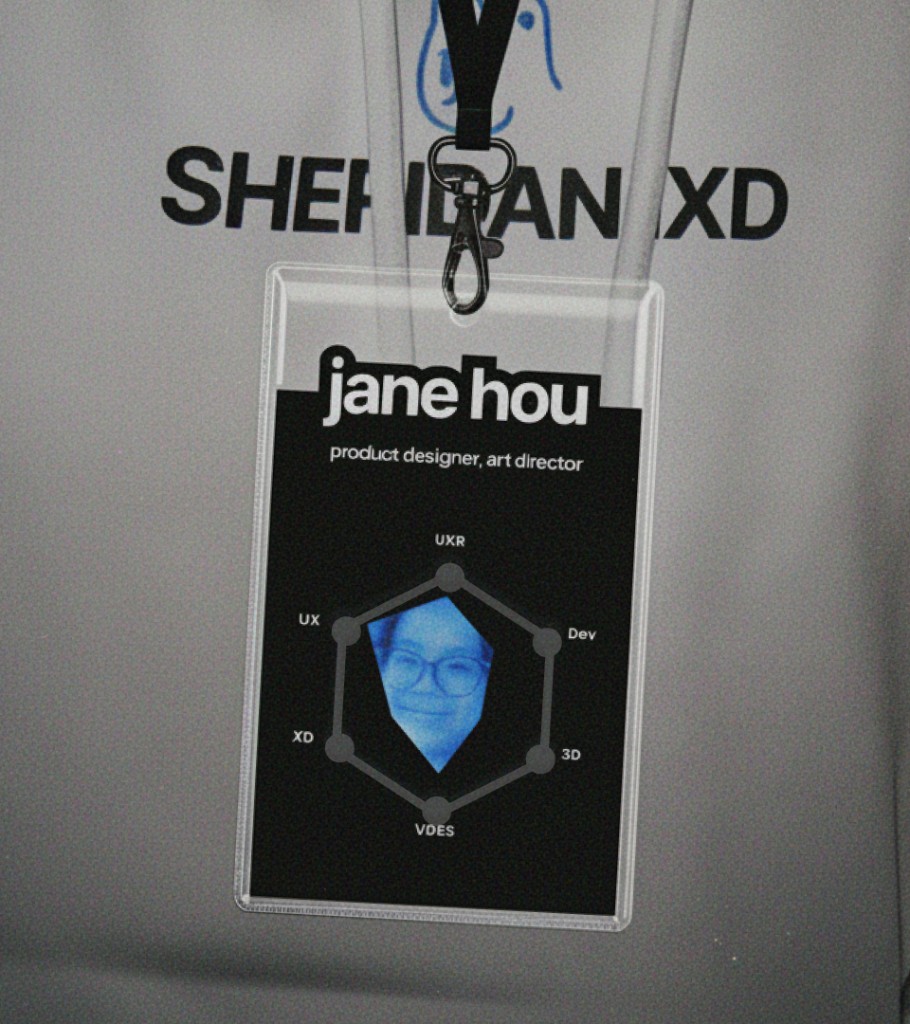 Name badge with skill radar chart on a Sheridan IXD sweatshirt