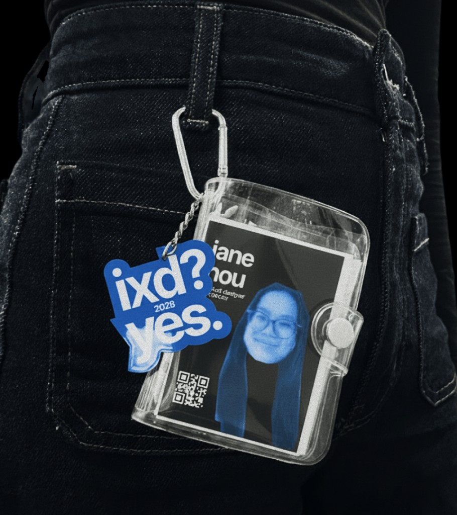 Portfolio keychain and ID holder clipped to jeans with ixd? yes tag